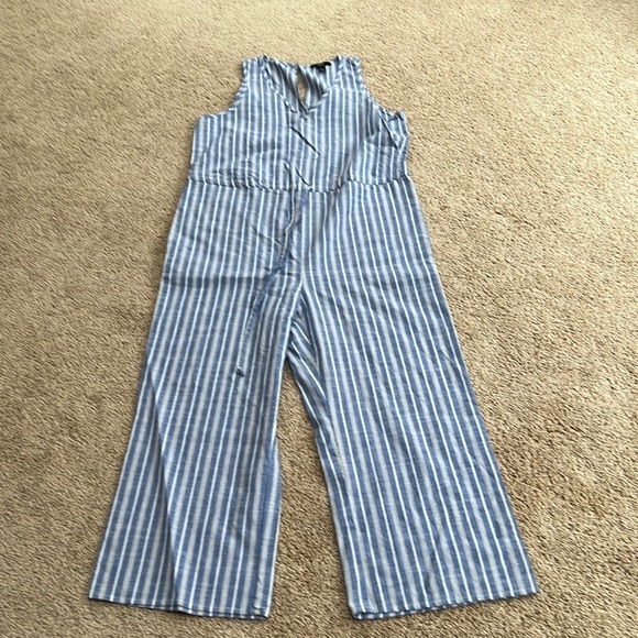 Drew medium blue striped cotton V neck jumpsuit .